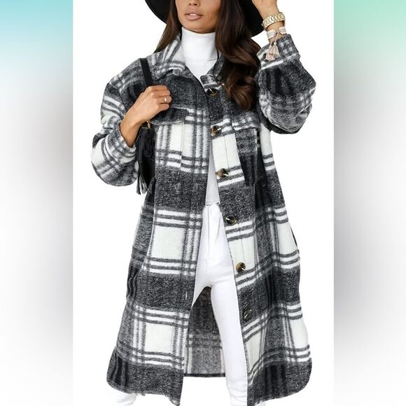 Plaid Shirts Women Brushed Flannel Shacket Jacket Button Down Wool Blend Coat - Picture 2 of 4